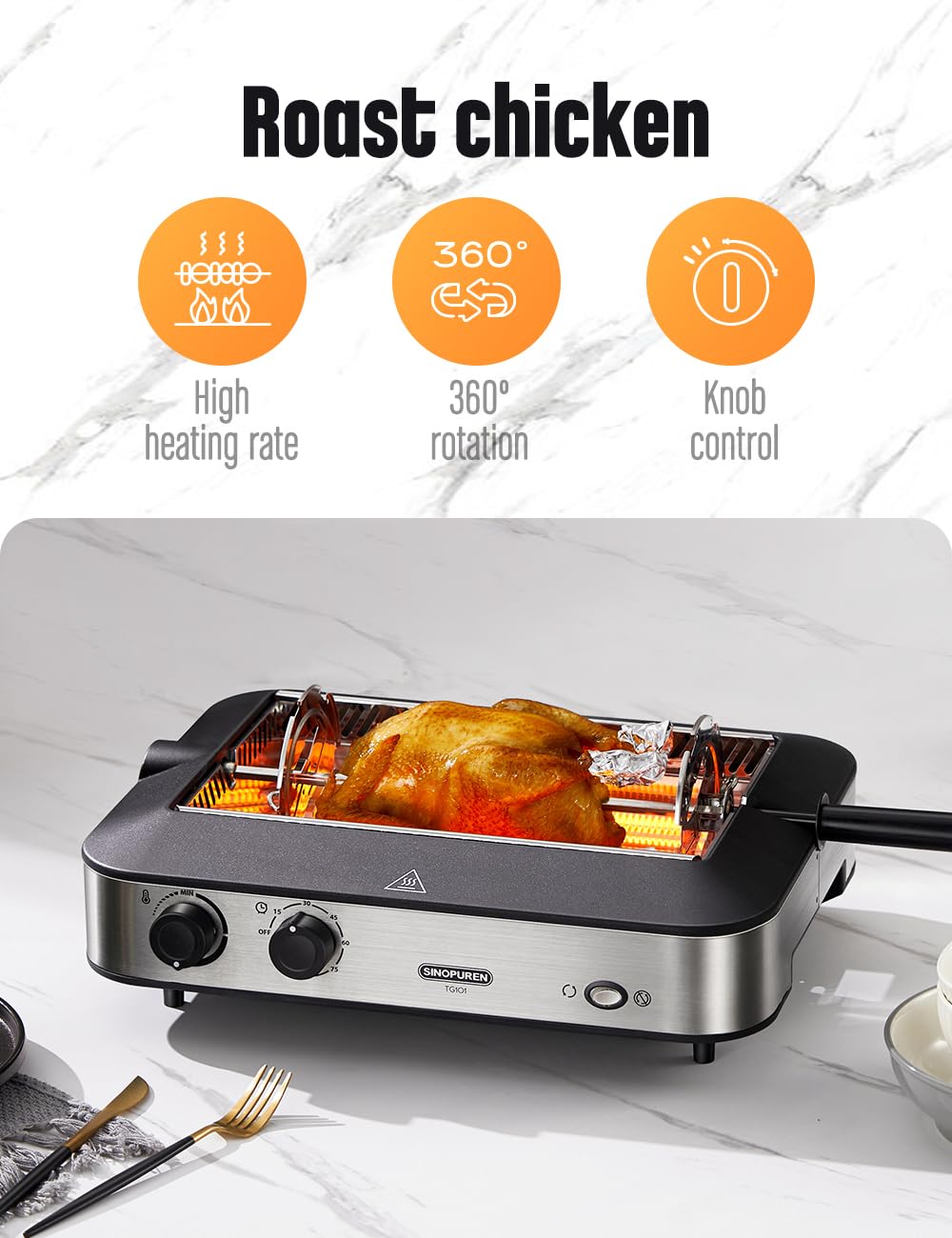 SINOPUREN Electric Grill TG101, Indoor BBQ Rotisserie, with Adjustable Temperature Control, Removable Grill & Griddle Nonstick Plates, 1600w Fast Heat Up, Stainless Steel, Dishwasher Safe