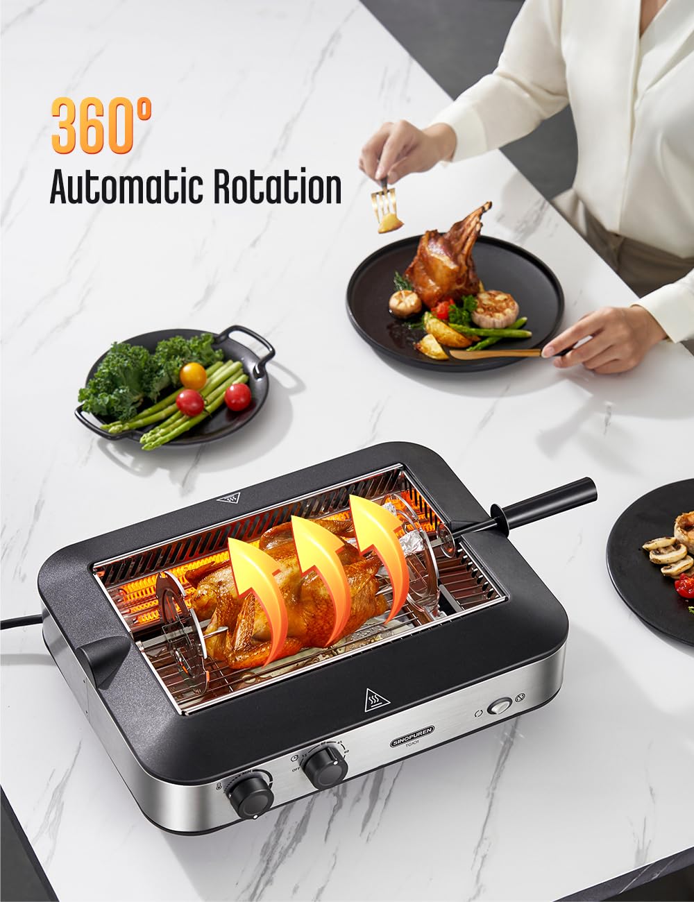 SINOPUREN Electric Grill TG101, Indoor BBQ Rotisserie, with Adjustable Temperature Control, Removable Grill & Griddle Nonstick Plates, 1600w Fast Heat Up, Stainless Steel, Dishwasher Safe