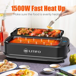 Smokeless Indoor Grill and Griddle Plates, LITIFO 1500W Electric Korean BBQ Griddle with Tempered Glass Lid, Turbo Smoke Extractor, Temperature Control and Removable Drip Tray, Black (black-2plate)