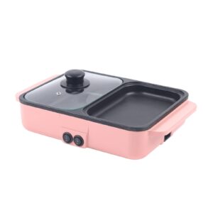 mini electric grill and hot pot, 2 in 1 portable electric hot pot barbecue grill non-stick teppanyaki pan 110v multifunction nonstick griddle & hot pot for steak, shabu, bbq - pink (pink)