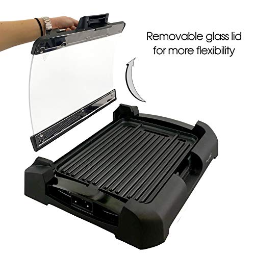 MegaChef Heavy Gauge Aluminum Reversible Indoor Grill and Griddle with Removable Glass Lid, 15" by 11", Black