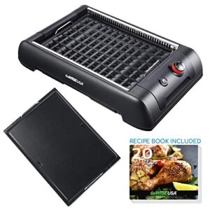 GoWISE USA GW88000 2-in-1 Smokeless Indoor Grill and Griddle with Interchangeable Plates and Removable Drip Pan + 20 Recipes (Black), Large