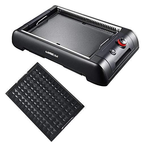 GoWISE USA GW88000 2-in-1 Smokeless Indoor Grill and Griddle with Interchangeable Plates and Removable Drip Pan + 20 Recipes (Black), Large