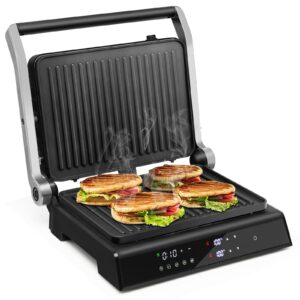 costway electric panini press grill, 1200w sandwich maker with non-stick double sided plates, independent temperature control & removable drip tray, opens 180 degrees to fit any size of food