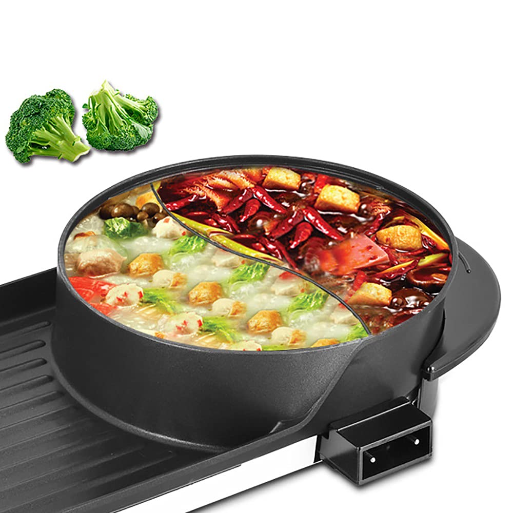 Hot Pot With Grill Electric 2 in 1 Barbecue Grill Pot Shabu Pot Non-stick BBQ Grill Dual Temperature Control Smokeless Hot Pot Grill for Simmer Boil Fry Grill