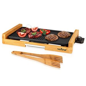 nutrichefkitchen household smokeless indoor grill, nonstick electric grill, detachable bamboo, tempaerature control, adjustable temperature knob, for indoor bbqs with no smoke (black)