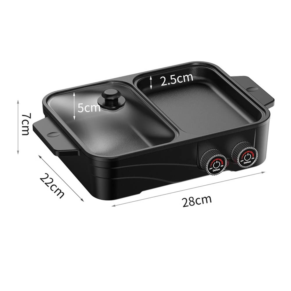 Electric Grill Indoor Hot Pot with Glass Lid & Removable Non-Stick Grill Plate,Separate Dual Temperature Contral, for 2-8 People Family Gathering Friend Meeting Party (black)