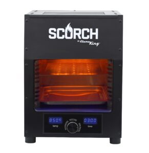 flame king scorch smokeless infrared electric broiler for indoor use, fits on kitchen counter, insulated, comes with broiler tray black