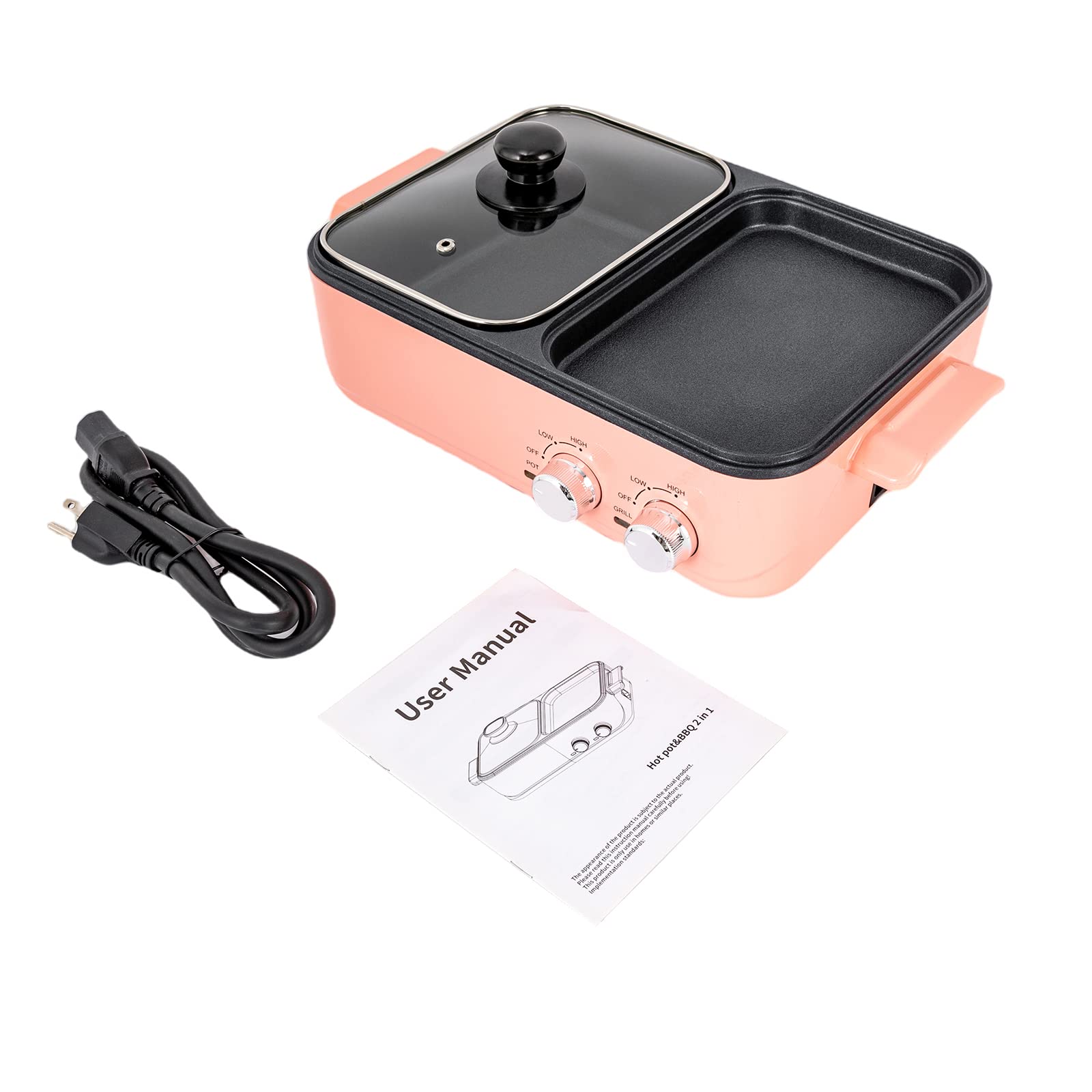Electric Grill with Hot Pot-2 In 1 Multifunction Nonstick Griddle and Hot Pot-Independent Temperature Control,Portable Multifunctional Smokeless Korean BBQ Grill-Fast Heating-2L-Pink
