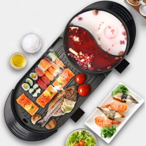 electric grill with hot pot, 2 in 1 barbecue stove indoor hot pot adjustable non-stick teppanyaki grill/ shabu pot with divider large capacity for household dinner and entertainment party