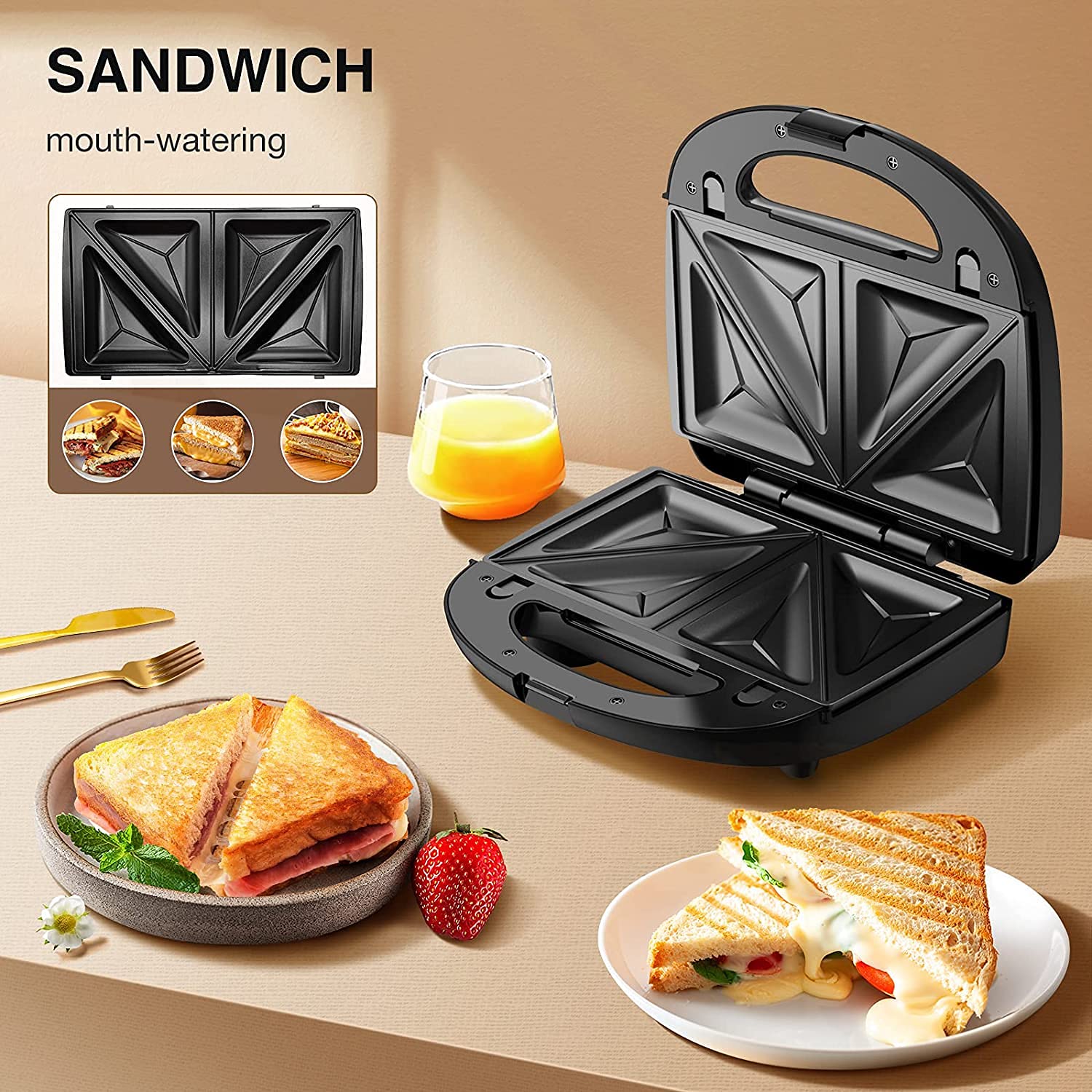 5-in-1 Belgian Waffle Maker, 750W Power Sandwich Maker, Non Stick Panini Press Grill, 2-Slice Compact Toaster, Electric Grilled Cheese Maker, 3 Detachable Plates, LED Indicator Lights, Suitable for Breakfast & Snacks