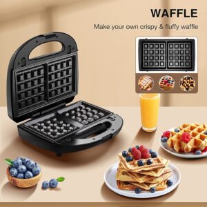 5-in-1 Belgian Waffle Maker, 750W Power Sandwich Maker, Non Stick Panini Press Grill, 2-Slice Compact Toaster, Electric Grilled Cheese Maker, 3 Detachable Plates, LED Indicator Lights, Suitable for Breakfast & Snacks