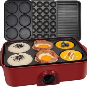 HeHoGoGo 3 in 1 Multifunctional Electric Griddle Electric Skillet Nonstick Baking Maker with 3 Interchangeable Pan Takoyaki Maker Cake Pop Maker Pancake Maker Red