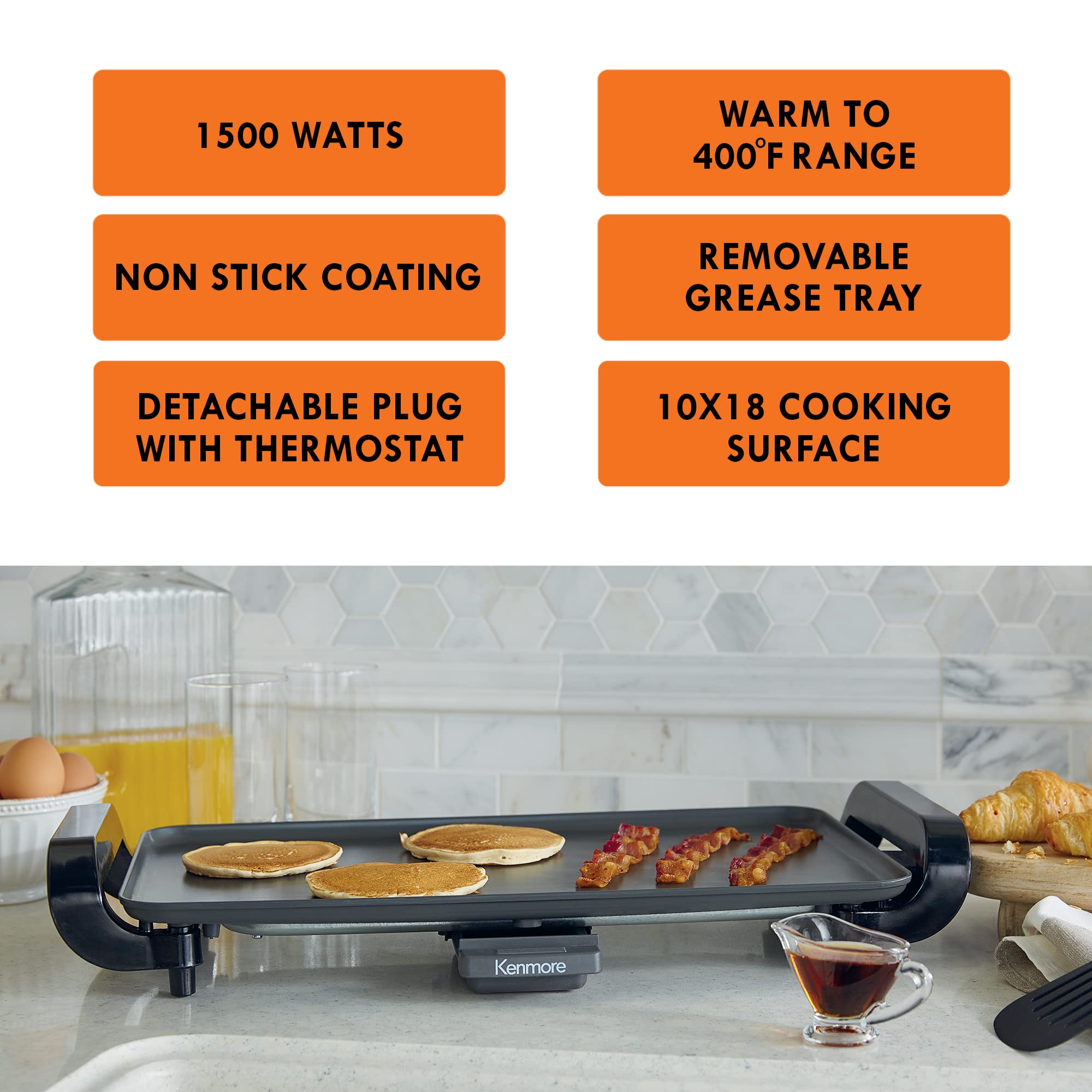 Kenmore Non-Stick Electric Griddle with Removable Drip Tray, Black, 10" x 18" Cooking Surface, Compact Countertop Cooking, Grill, Saute, Fry