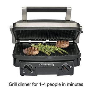 Proctor Silex 5-in-1 Electric Indoor Grill, Griddle & Panini Press, Opens Flat to Double Cooking Space, Reversible Nonstick Plates, Stainless Steel (25340R)