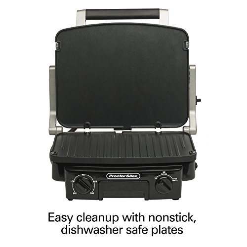 Proctor Silex 5-in-1 Electric Indoor Grill, Griddle & Panini Press, Opens Flat to Double Cooking Space, Reversible Nonstick Plates, Stainless Steel (25340R)