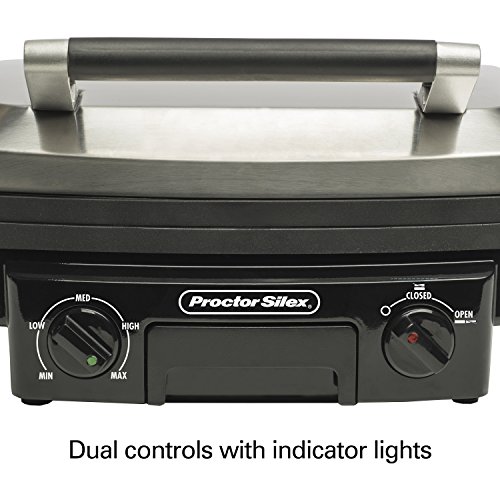 Proctor Silex 5-in-1 Electric Indoor Grill, Griddle & Panini Press, Opens Flat to Double Cooking Space, Reversible Nonstick Plates, Stainless Steel (25340R)