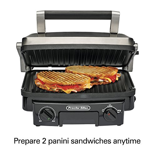 Proctor Silex 5-in-1 Electric Indoor Grill, Griddle & Panini Press, Opens Flat to Double Cooking Space, Reversible Nonstick Plates, Stainless Steel (25340R)