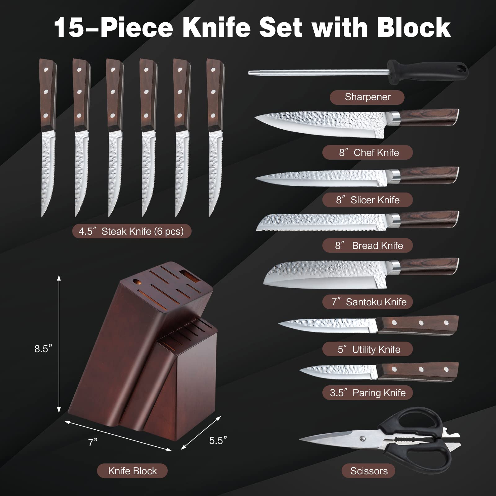 GOFLAME 16-Piece Kitchen Knife Set with Block, Stainless Steel Chef Knife Set with Sharpener, Versatile Kitchen Scissors, 6 PCS Steak Knives, Professional Knife Block Set with Ultra-Shape Edge