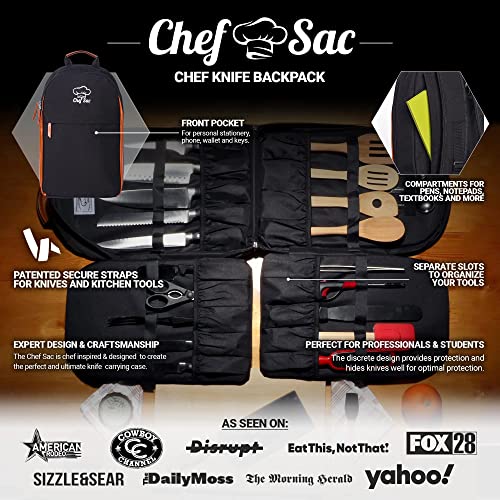 Chef Sac Chef Knife Bag Folding Knife Bag | 20+ Pockets for Knives & Tools | Large Pocket for Tablet & Notebooks | 500D Fortified Nylon | Knife Backpack for Chefs & Culinary Students(Black)