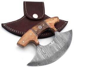 lara eagle damascus steel ulu knife, celtic knot handle made of exotic rose wood and olive wood, 6 inch blade one-handed rocker knife with leather sheath