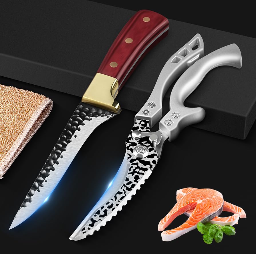 Poultry Knife and Kitchen Shears Heavy Duty, Multipurpose Poultry Shears High Carbon Stainless Steel Fillet Knife Meat Cleaver Forged Chef Knives for Meat, Fish, Deboning, Vegetables