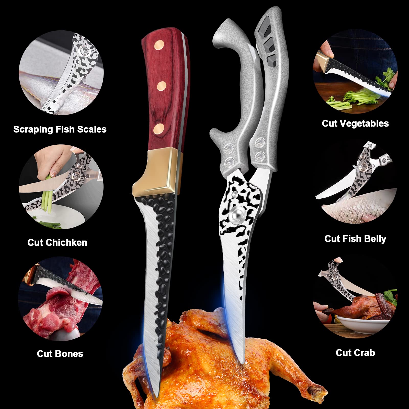 Poultry Knife and Kitchen Shears Heavy Duty, Multipurpose Poultry Shears High Carbon Stainless Steel Fillet Knife Meat Cleaver Forged Chef Knives for Meat, Fish, Deboning, Vegetables