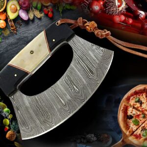 Damascus Steel alaskan Ulu Knife - Fixed Blade knife for Chopping Boning Slicing Cutting with Leather Sheath. SM149