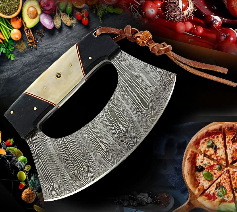 Damascus Steel alaskan Ulu Knife - Fixed Blade knife for Chopping Boning Slicing Cutting with Leather Sheath. SM149