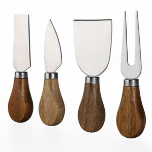 4-piece cheese knife set butter spreader knives for charcuterie board, acacia wooden handle stainless steel cheese knives with cheese slicer cheese cutter cheese shaver cheese fork