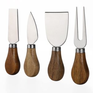 4-Piece Cheese Knife Set Butter Spreader Knives for Charcuterie Board, Acacia Wooden Handle Stainless Steel Cheese Knives with Cheese Slicer Cheese Cutter Cheese Shaver Cheese Fork