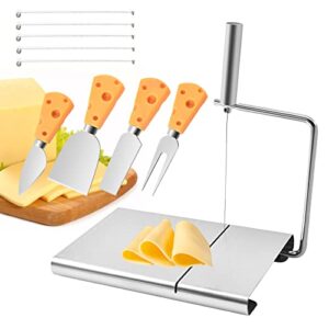 ISZW Cheese Slicer Knife Set, Cheese Slicer Cutter with Wire Food Cutter Precise Scale Board, 4 Cheese Knife Set Mini Butter Knife & Fork for Cutting Cheese Butter Vegetables Sausgae