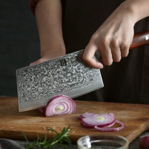 XINZUO Cleaver Knife, Damascus Steel 7 Inch Chinese Chef Knife Professional Butcher Knife Sharp Kitchen Knife Meat Vegetable Knife, Ergonomic Rosewood Handle-Yu Series