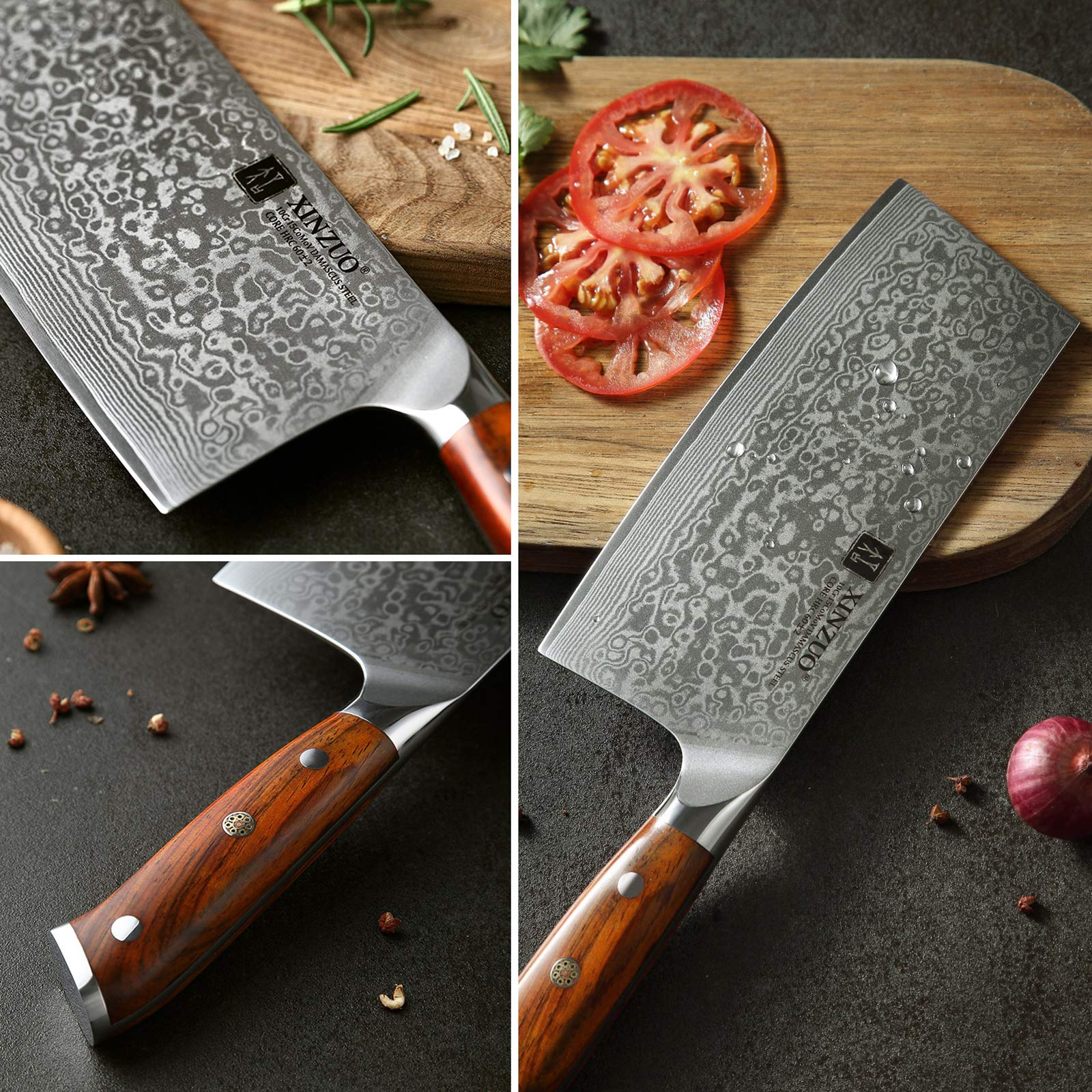 XINZUO Cleaver Knife, Damascus Steel 7 Inch Chinese Chef Knife Professional Butcher Knife Sharp Kitchen Knife Meat Vegetable Knife, Ergonomic Rosewood Handle-Yu Series