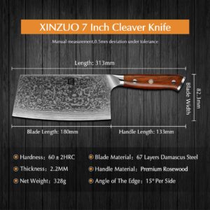 XINZUO Cleaver Knife, Damascus Steel 7 Inch Chinese Chef Knife Professional Butcher Knife Sharp Kitchen Knife Meat Vegetable Knife, Ergonomic Rosewood Handle-Yu Series