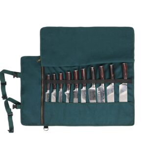 Heavy Duty Waxed Canvas, Multi-Purpose Knife Case With 11 Slots, Durable Handle, Elastic Band (Dark Green)