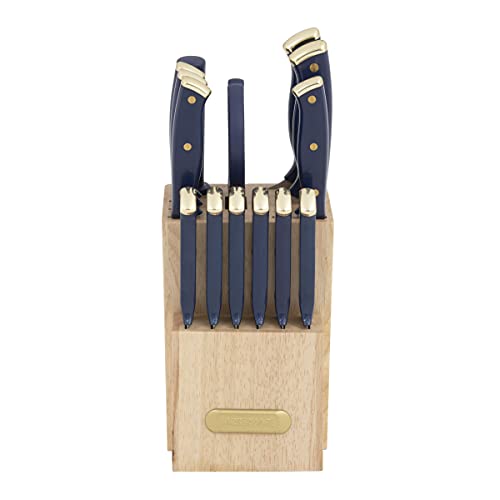 Farberware Triple Riveted Knife Block Set, 15-Piece, Navy and Gold