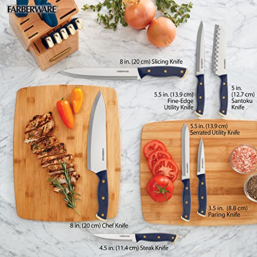 Farberware Triple Riveted Knife Block Set, 15-Piece, Navy and Gold