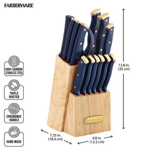 Farberware Triple Riveted Knife Block Set, 15-Piece, Navy and Gold