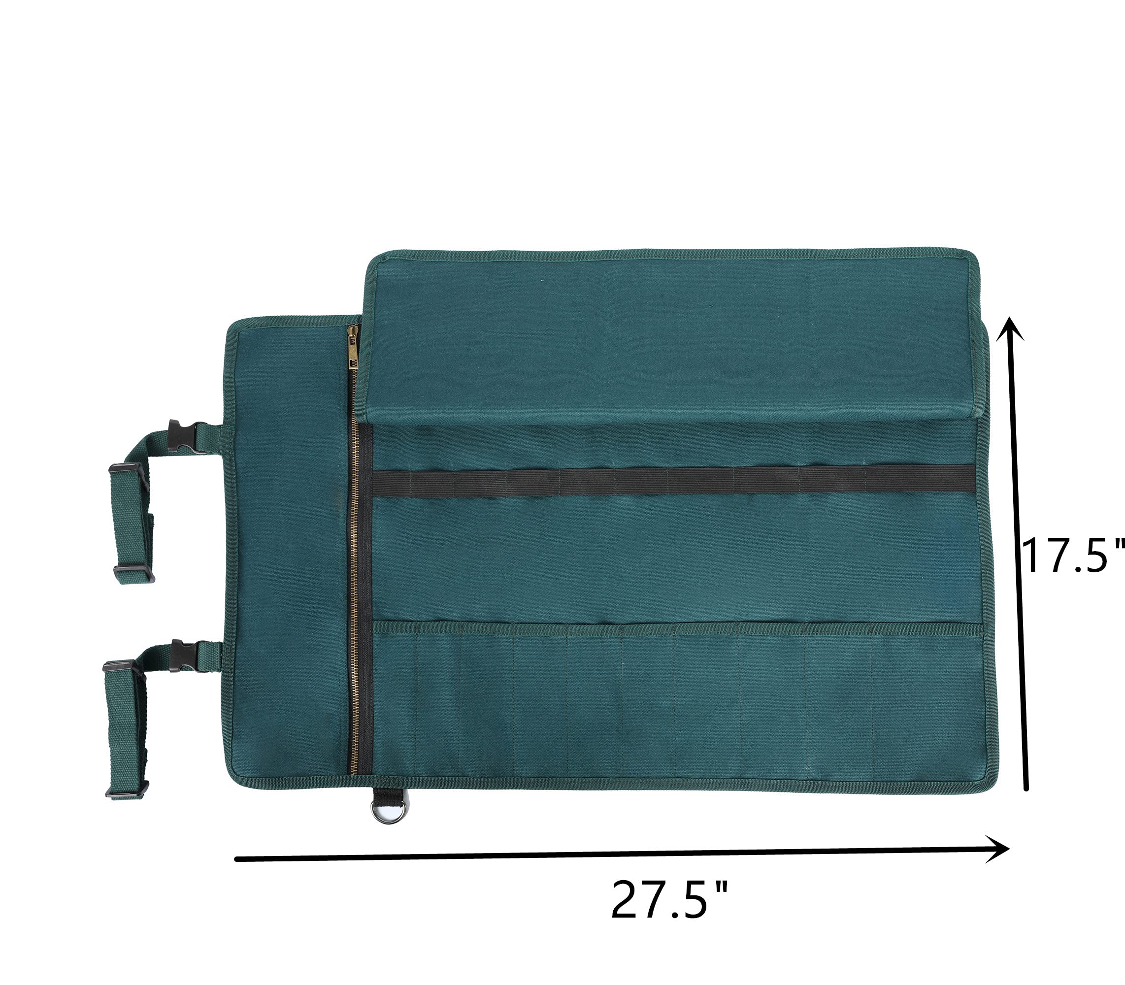 Heavy Duty Waxed Canvas, Multi-Purpose Knife Case With 11 Slots, Durable Handle, Elastic Band (Dark Green)