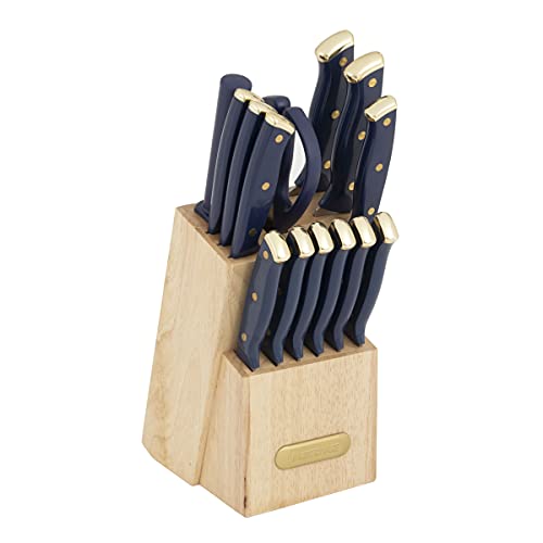 Farberware Triple Riveted Knife Block Set, 15-Piece, Navy and Gold