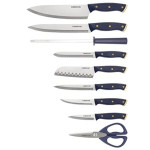 Farberware Triple Riveted Knife Block Set, 15-Piece, Navy and Gold