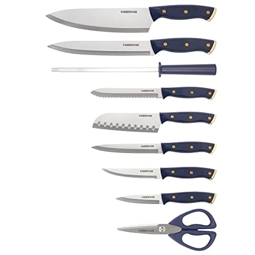 Farberware Triple Riveted Knife Block Set, 15-Piece, Navy and Gold