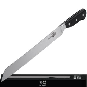 kuma bread knife 10 inch - cut without ruining loaf - flexible fine serrated blade for real slicing - handles all crusts and gives perfect slices every time - razor sharp professional kitchen knife