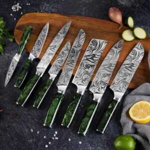 SENKEN Engraved Japanese Kitchen Knife Set with Beautiful Green Resin Wood Handles - Wasabi Collection - Chef's Knife, Bread Knife, Cleaver Knife, Paring Knife, & More (8-Piece Chef Knife Collection)