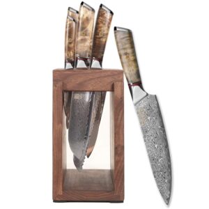 kitchen damascus knife set japanese vg-10 steel knives block set shadow wood handle for chef knife set high carbon core stainless steel full tang kitchen knife set with block (8 piece)
