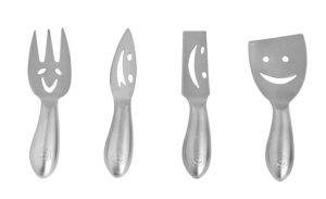 newlineny stainless steel 4 pieces smiling faces cheese knife set: hard and soft cheese knives, serving fork & cheese spreader