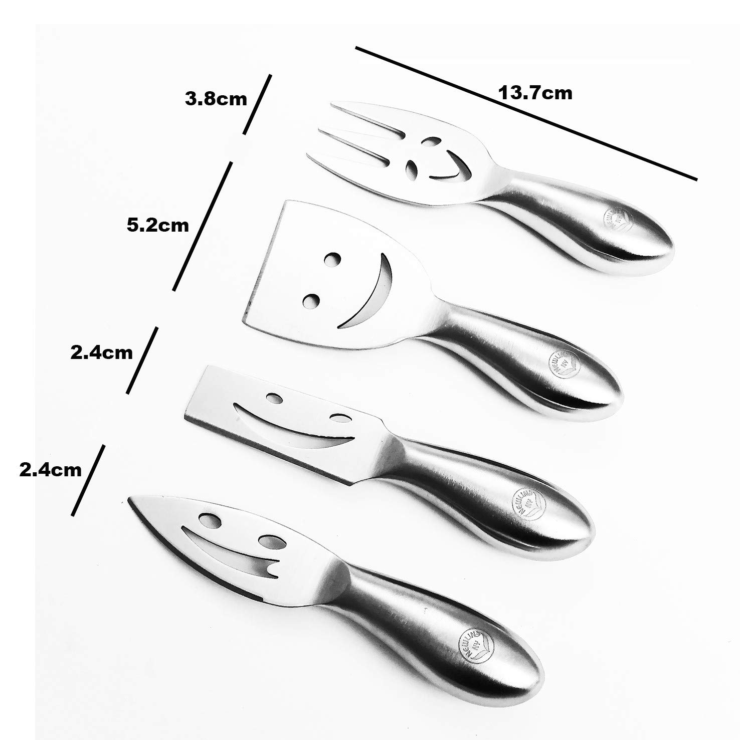 NewlineNY Stainless Steel 4 Pieces Smiling Faces Cheese Knife Set: Hard and Soft Cheese Knives, Serving Fork & Cheese Spreader