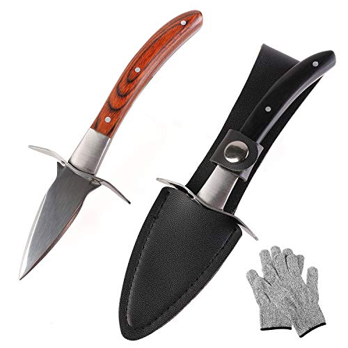 Oyster Knife Shucker Set Clam Shellfish Seafood Opener Tools 2 Oyster Shucking Knife 2 Gloves and Leather Sheath