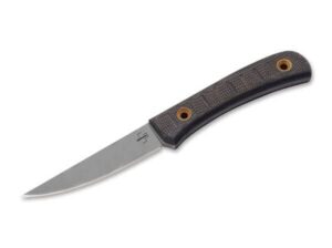 boker plus bark beetle - 3.62" 1095 matte coated carbon steel blade with olive green canvas micarta scales and leather sheath designed by sandor hegyes - 02bo039